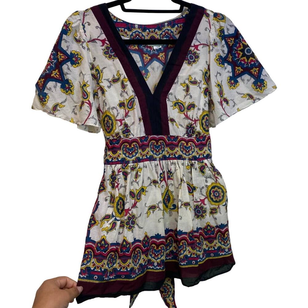 Lil Cotton Boho Top/Blouse Paisley Print Belted Small